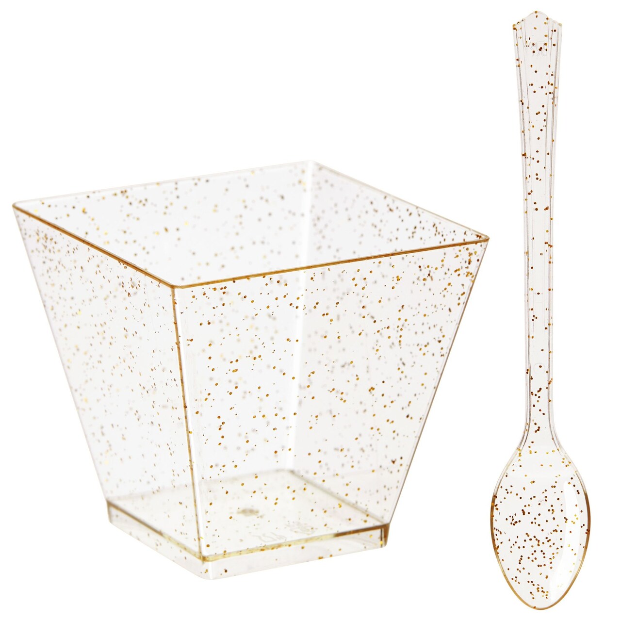 200 Pack Gold Glitter Square Dessert Cups with Spoons, 100 Disposable Mini Dessert Shooter Cups with 100 Spoons for Party Events, Appetizers, Tasting Party, Snacks, Parfait (2 oz)
